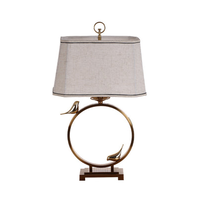 Traditional Chinese Circle Copper Metal Fabric 1-Light Table Lamp For Bedroom