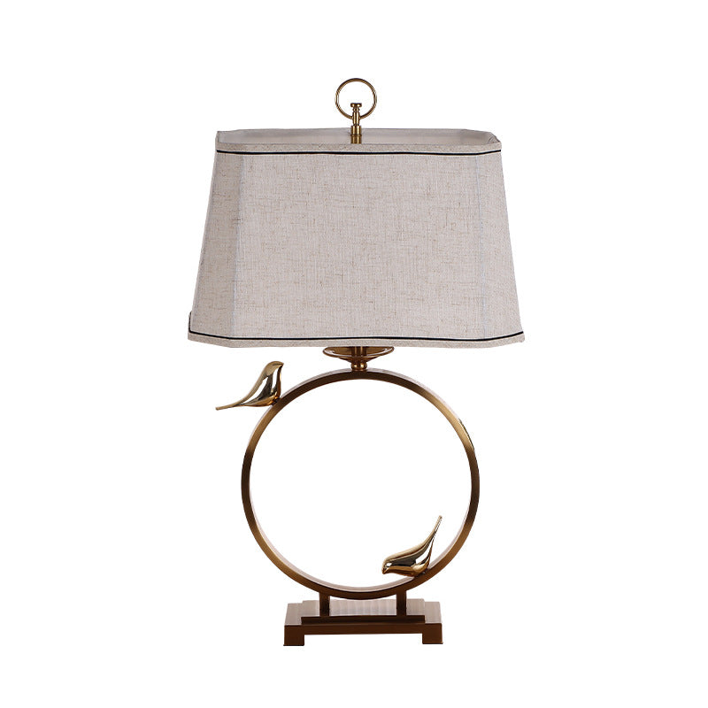 Traditional Chinese Circle Copper Metal Fabric 1-Light Table Lamp For Bedroom