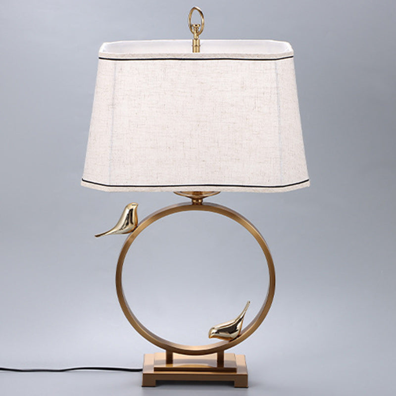 Traditional Chinese Circle Copper Metal Fabric 1-Light Table Lamp For Bedroom