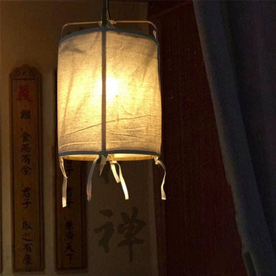 Traditional Japanese Rectangular Iron Fabric 1-Light Pendant Light For Living Room