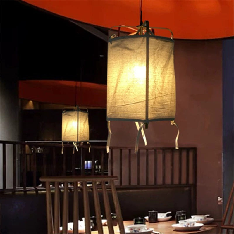 Traditional Japanese Rectangular Iron Fabric 1-Light Pendant Light For Living Room