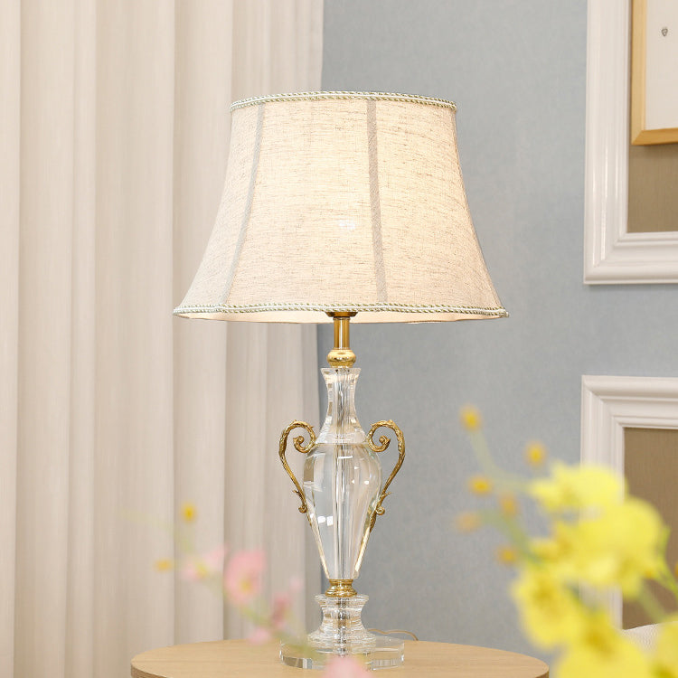 Traditional European Frustum Cone Crystal Copper Fabric 1-Light Table Lamp For Bedroom