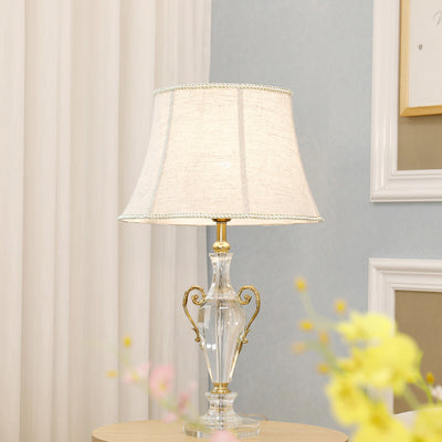 Traditional European Frustum Cone Crystal Copper Fabric 1-Light Table Lamp For Bedroom