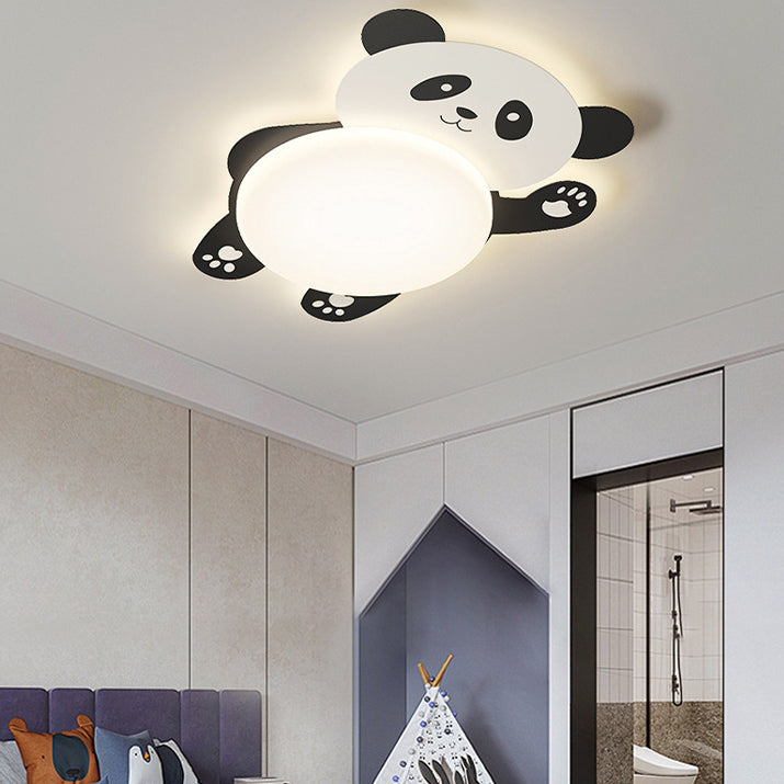 Modern Eclectic Kids Panda Iron PVC LED Flush Mount Ceiling Light For Bedroom