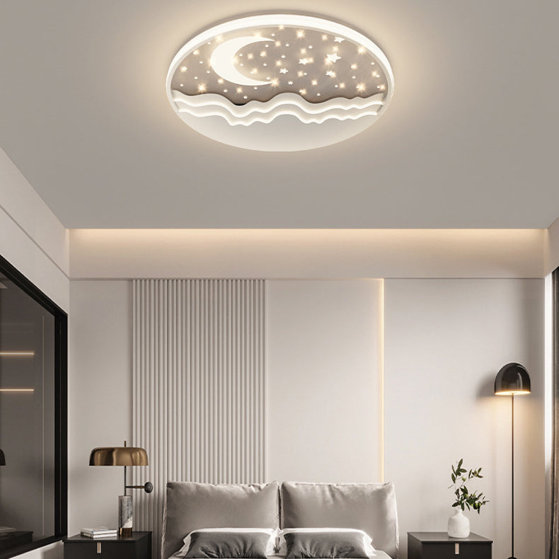 Modern Eclectic Moon Round Iron Acrylic LED Flush Mount Ceiling Light For Bedroom