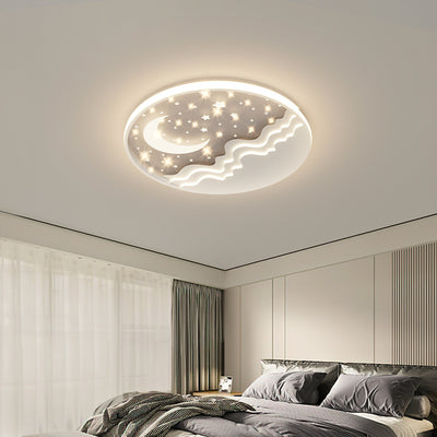 Modern Eclectic Moon Round Iron Acrylic LED Flush Mount Ceiling Light For Bedroom