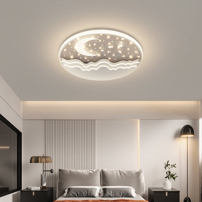 Modern Eclectic Moon Round Iron Acrylic LED Flush Mount Ceiling Light For Bedroom