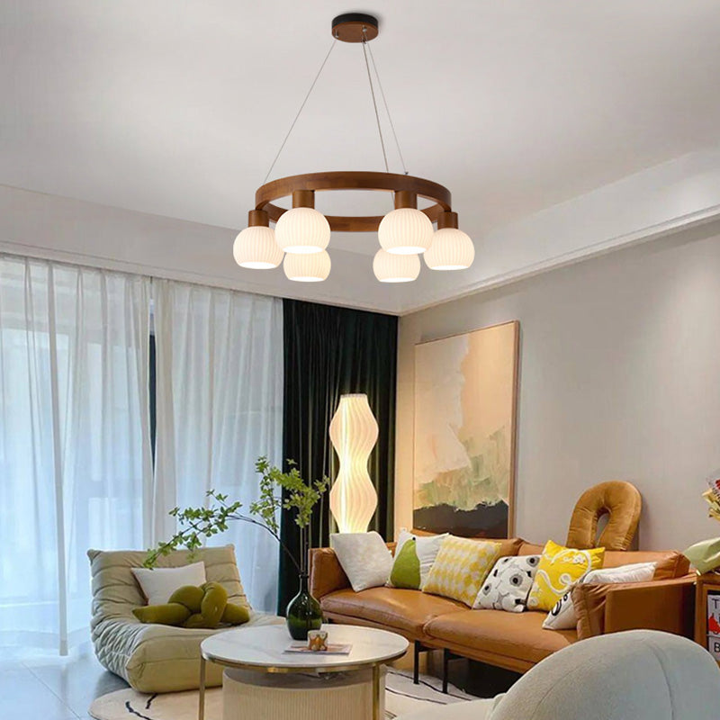 Traditional Chinese Round Branch Magic Bean Glass Solid Wood 3/6 Light Chandelier For Living Room