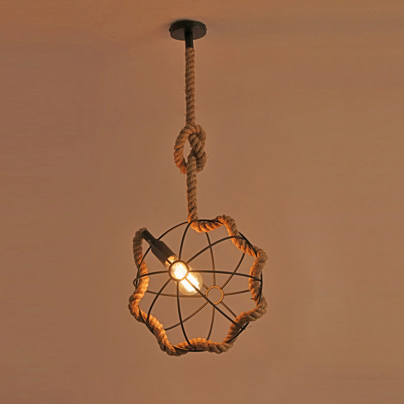 Contemporary Industrial Round Sphere Sisal Iron 1-Light Pendant Light For Bedroom