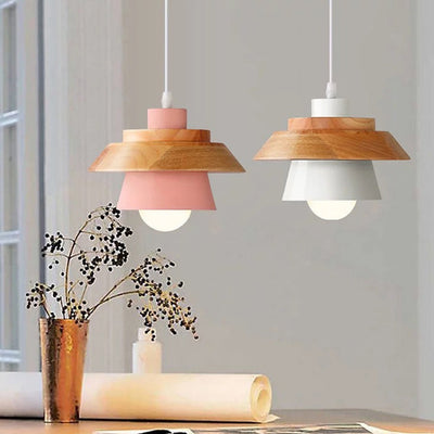 Contemporary Scandinavian Cylinder Round Macaron Wood Iron 1-Light Pendant Light For Bedroom