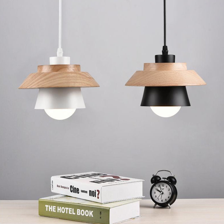 Contemporary Scandinavian Cylinder Round Macaron Wood Iron 1-Light Pendant Light For Bedroom