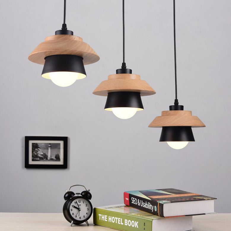 Contemporary Scandinavian Cylinder Round Macaron Wood Iron 1-Light Pendant Light For Bedroom