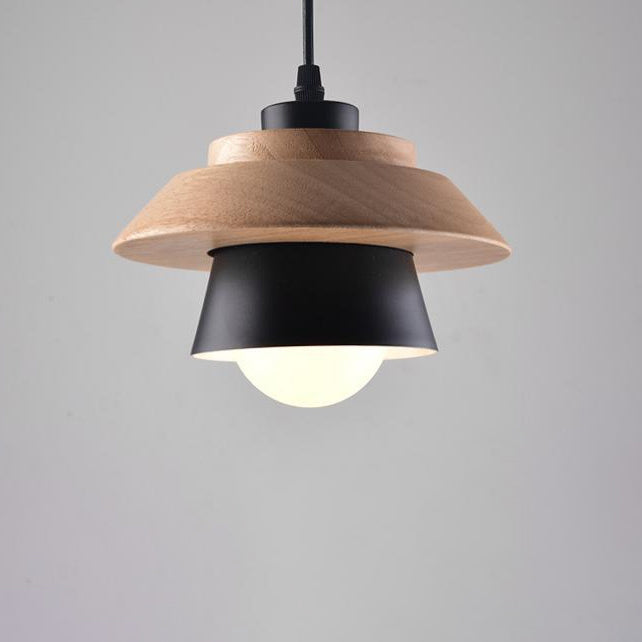 Contemporary Scandinavian Cylinder Round Macaron Wood Iron 1-Light Pendant Light For Bedroom