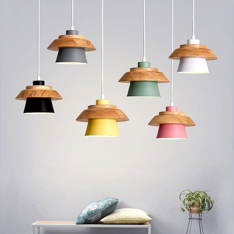 Contemporary Scandinavian Cylinder Round Macaron Wood Iron 1-Light Pendant Light For Bedroom