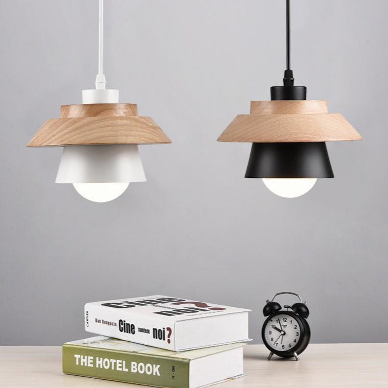 Contemporary Scandinavian Cylinder Round Macaron Wood Iron 1-Light Pendant Light For Bedroom