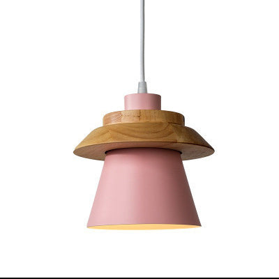 Contemporary Scandinavian Cylinder Round Macaron Wood Iron 1-Light Pendant Light For Bedroom