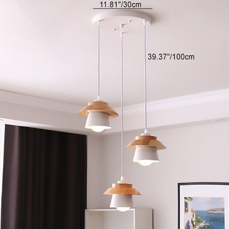 Contemporary Scandinavian Round Straight Plate Macaron Rubberwood Iron 3-Light Chandelier For Bedroom