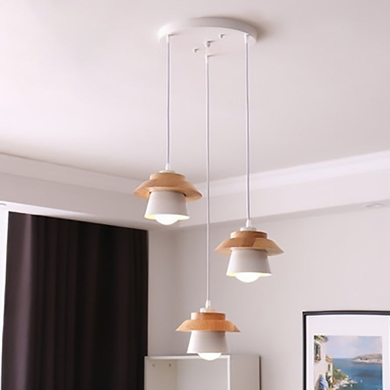 Contemporary Scandinavian Round Straight Plate Macaron Rubberwood Iron 3-Light Chandelier For Bedroom