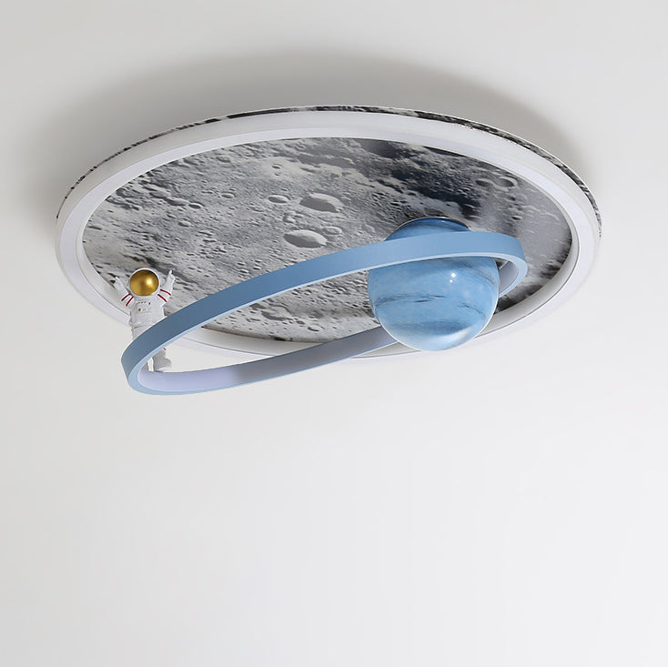 Modern Art Deco Cartoon Astronaut Moon Round Resin Aluminum Iron LED Flush Mount Ceiling Light For Bedroom