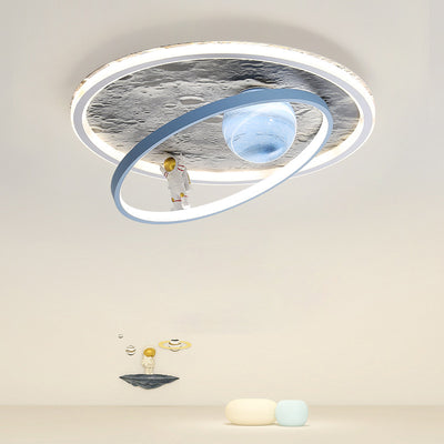 Modern Art Deco Cartoon Astronaut Moon Round Resin Aluminum Iron LED Flush Mount Ceiling Light For Bedroom