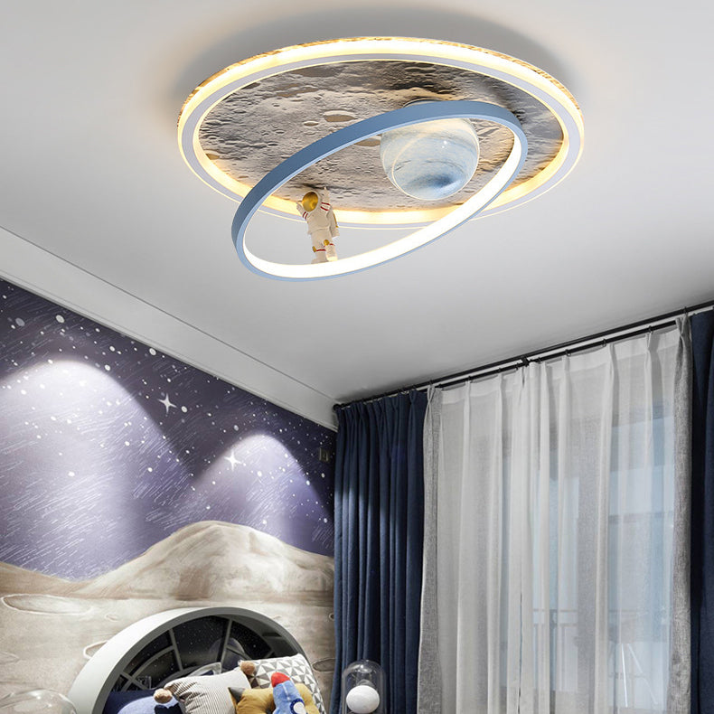 Modern Art Deco Cartoon Astronaut Moon Round Resin Aluminum Iron LED Flush Mount Ceiling Light For Bedroom