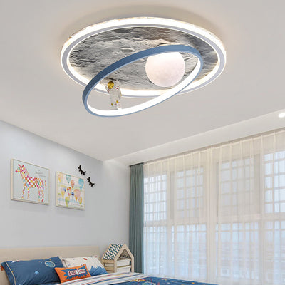 Modern Art Deco Cartoon Astronaut Moon Round Resin Aluminum Iron LED Flush Mount Ceiling Light For Bedroom