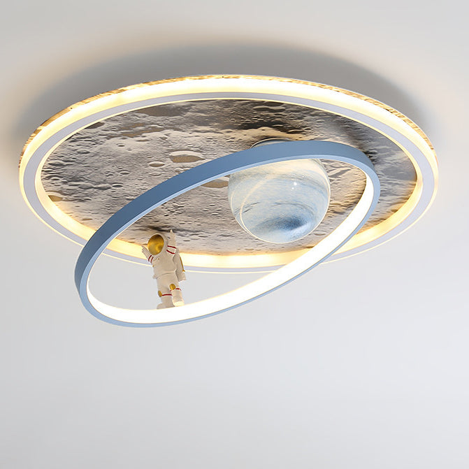 Modern Art Deco Cartoon Astronaut Moon Round Resin Aluminum Iron LED Flush Mount Ceiling Light For Bedroom