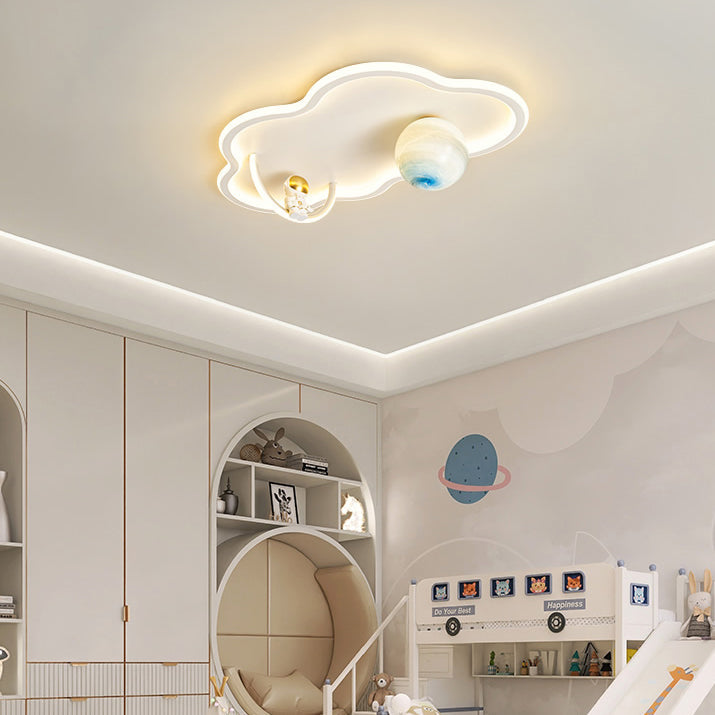 Modern Art Deco Astronaut Moon Round Cloud Silicone Aluminum Iron LED Flush Mount Ceiling Light For Bedroom