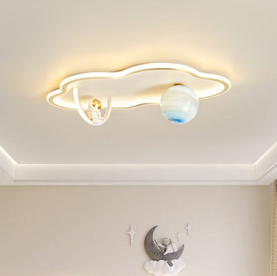 Modern Art Deco Astronaut Moon Round Cloud Silicone Aluminum Iron LED Flush Mount Ceiling Light For Bedroom