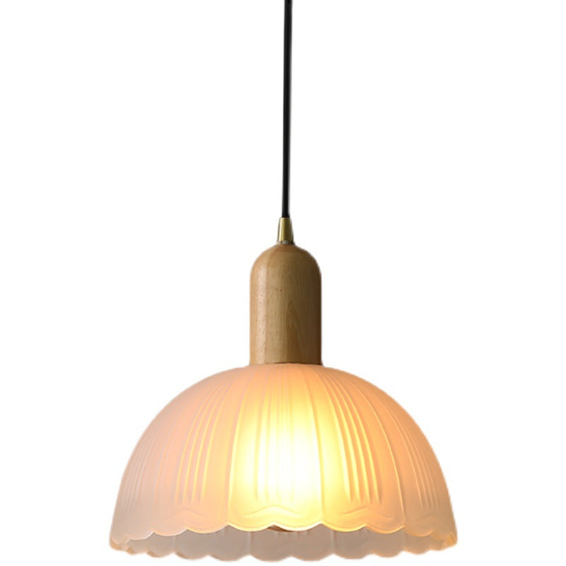 Contemporary Scandinavian Round Column Solid Wood Glass 1-Light Pendant Light For Living Room