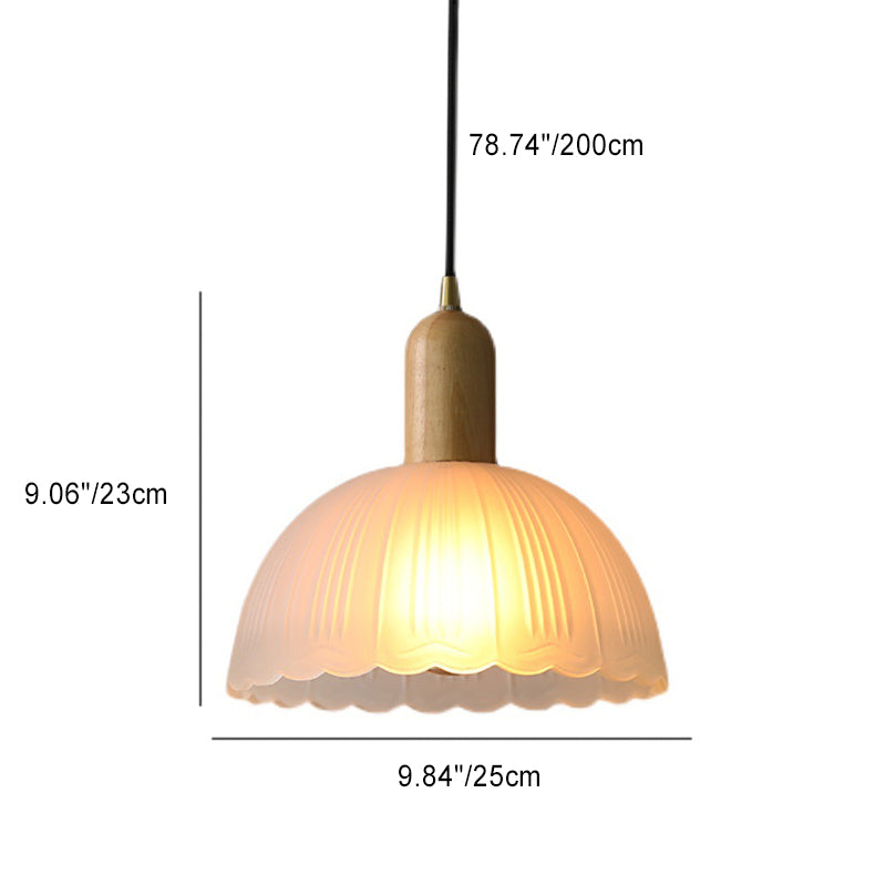 Contemporary Scandinavian Round Column Solid Wood Glass 1-Light Pendant Light For Living Room