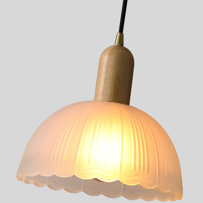 Contemporary Scandinavian Round Column Solid Wood Glass 1-Light Pendant Light For Living Room