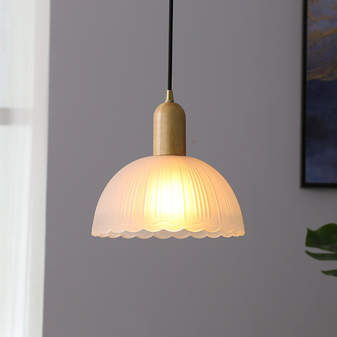 Contemporary Scandinavian Round Column Solid Wood Glass 1-Light Pendant Light For Living Room