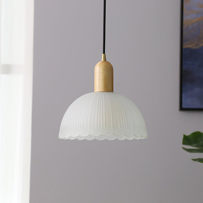 Contemporary Scandinavian Round Column Solid Wood Glass 1-Light Pendant Light For Living Room