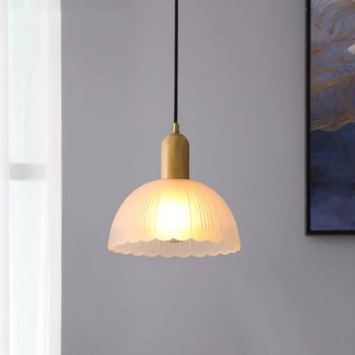 Contemporary Scandinavian Round Column Solid Wood Glass 1-Light Pendant Light For Living Room