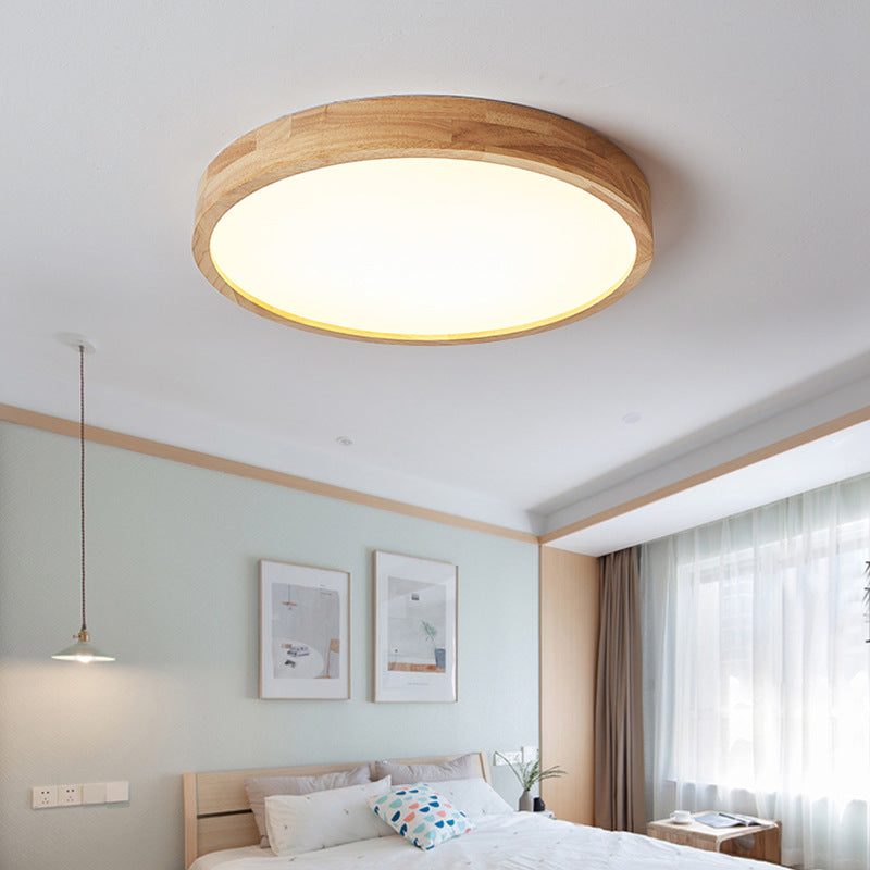 Modern Minimalist Round Acrylic Wood LED Flush Mount Ceiling Light For Bedroom