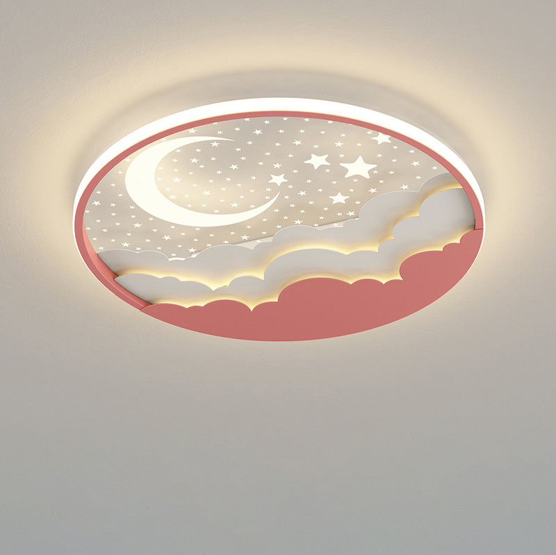 Modern Art Deco Moon Full Stars Clouds Round Acrylic Iron LED Flush Mount Ceiling Light For Bedroom