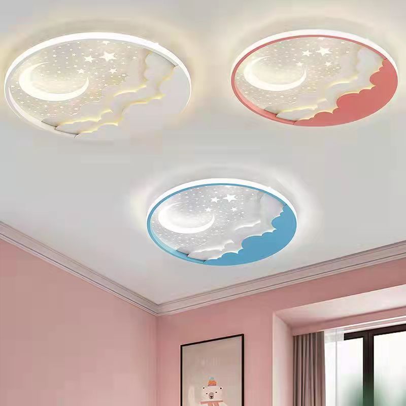 Modern Art Deco Moon Full Stars Clouds Round Acrylic Iron LED Flush Mount Ceiling Light For Bedroom