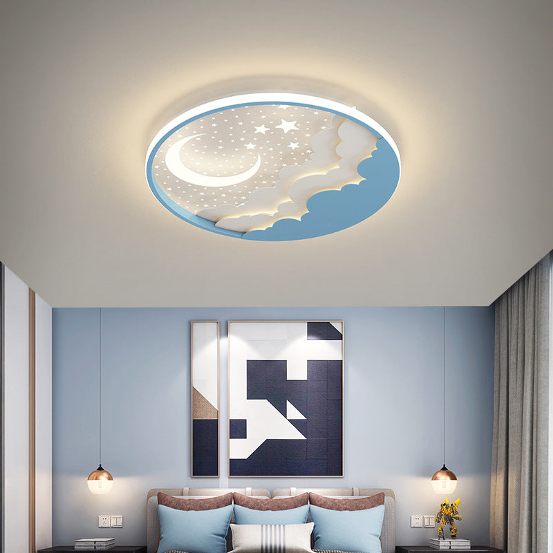 Modern Art Deco Moon Full Stars Clouds Round Acrylic Iron LED Flush Mount Ceiling Light For Bedroom