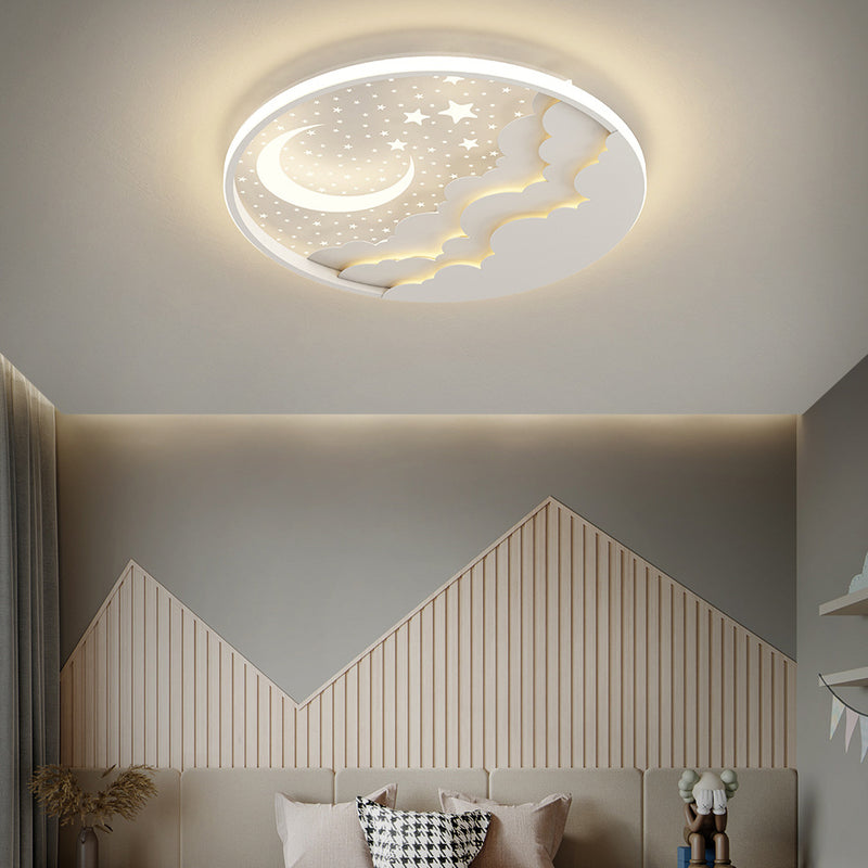 Modern Art Deco Moon Full Stars Clouds Round Acrylic Iron LED Flush Mount Ceiling Light For Bedroom