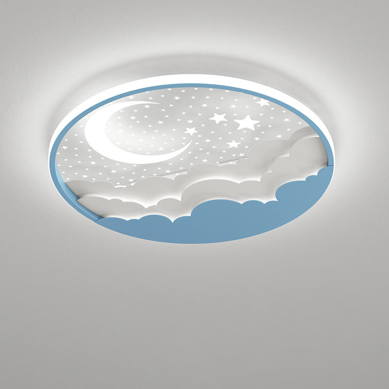 Modern Art Deco Moon Full Stars Clouds Round Acrylic Iron LED Flush Mount Ceiling Light For Bedroom