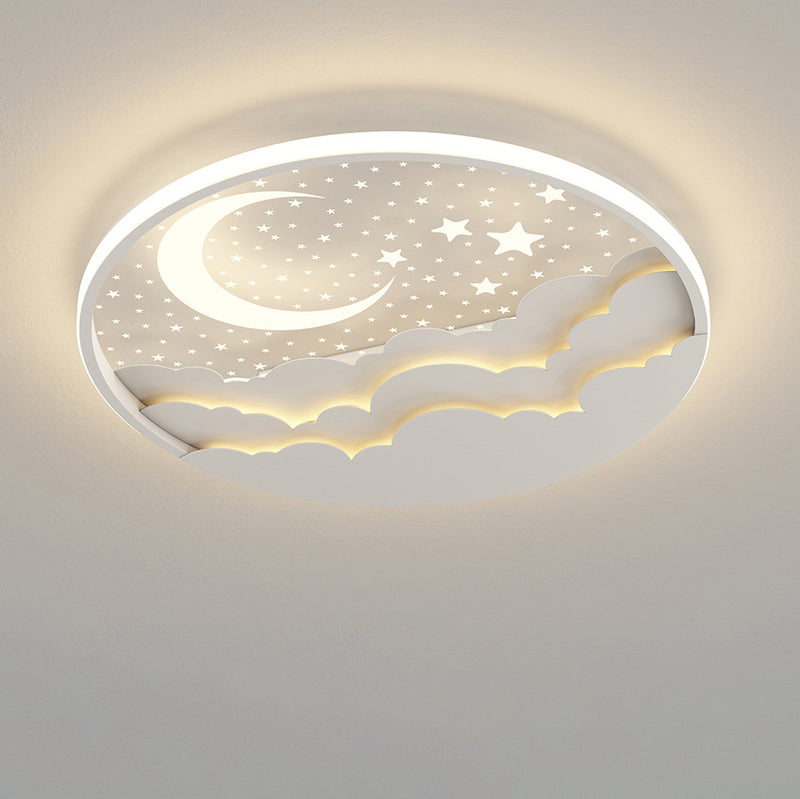 Modern Art Deco Moon Full Stars Clouds Round Acrylic Iron LED Flush Mount Ceiling Light For Bedroom