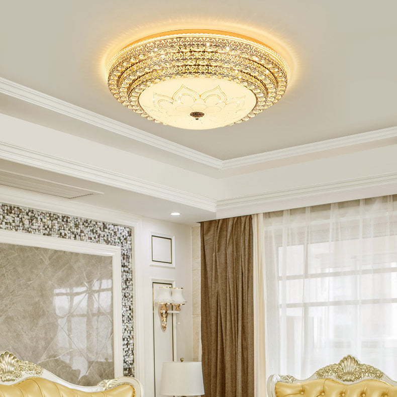 Modern Luxury Petal Round Crystal Iron LED Flush Mount Ceiling Light For Living Room