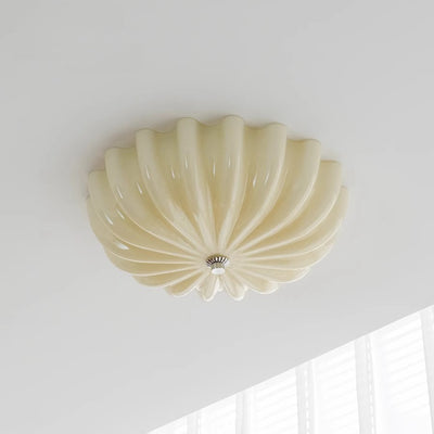 Modern Minimalist Cream Wave Pattern Round Glass Hardware LED Flush Mount Ceiling Light For Bedroom