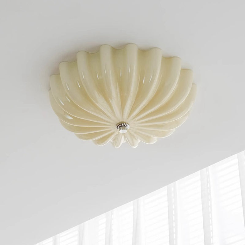 Modern Minimalist Cream Wave Pattern Round Glass Hardware LED Flush Mount Ceiling Light For Bedroom