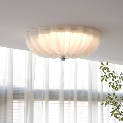 Modern Minimalist Cream Wave Pattern Round Glass Hardware LED Flush Mount Ceiling Light For Bedroom