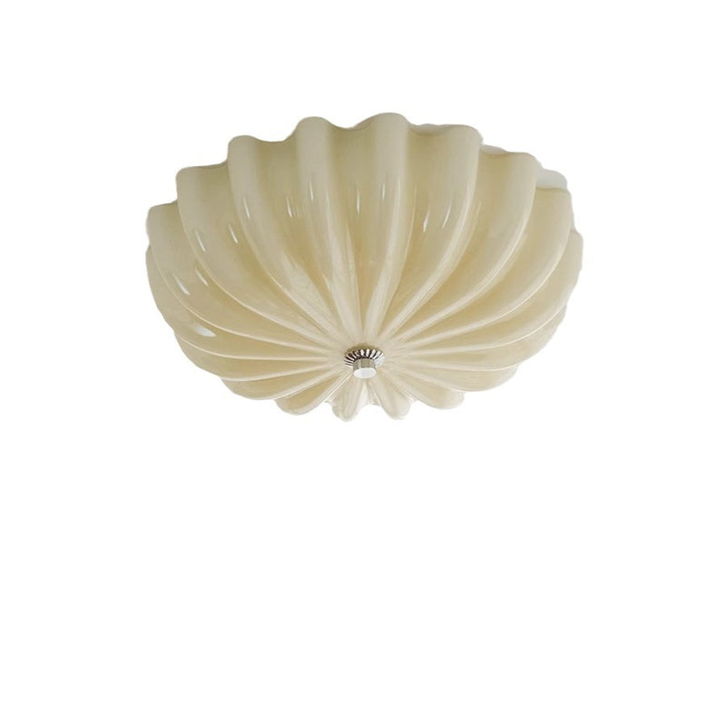 Modern Minimalist Cream Wave Pattern Round Glass Hardware LED Flush Mount Ceiling Light For Bedroom