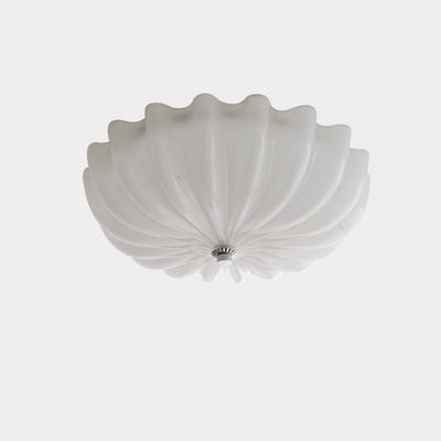 Modern Minimalist Cream Wave Pattern Round Glass Hardware LED Flush Mount Ceiling Light For Bedroom