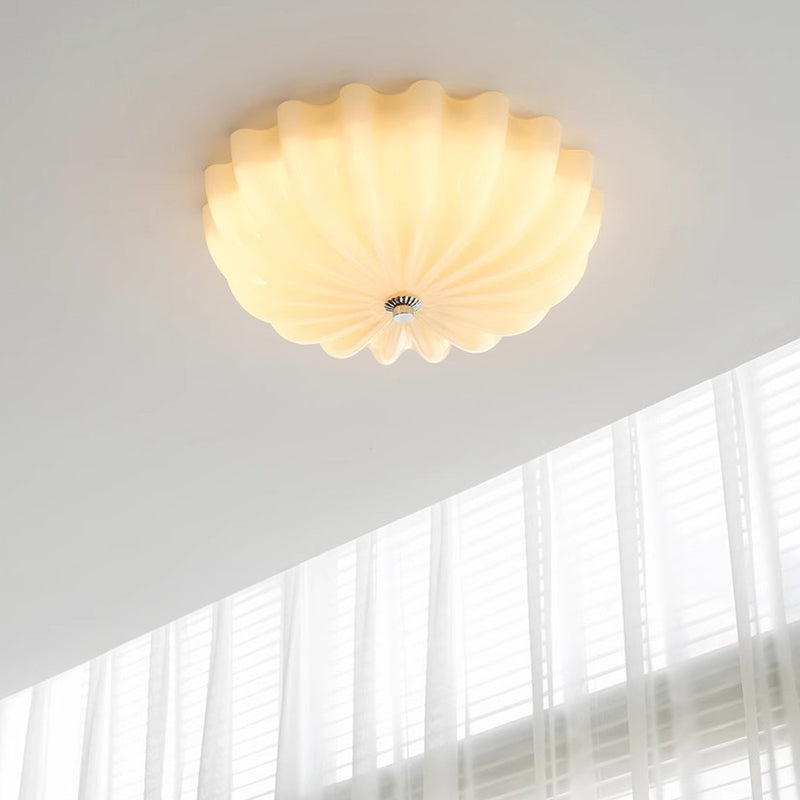 Modern Minimalist Cream Wave Pattern Round Glass Hardware LED Flush Mount Ceiling Light For Bedroom