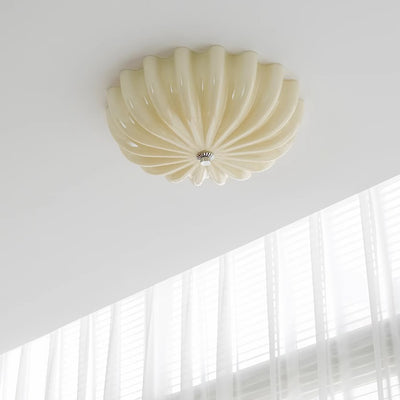 Modern Minimalist Cream Wave Pattern Round Glass Hardware LED Flush Mount Ceiling Light For Bedroom